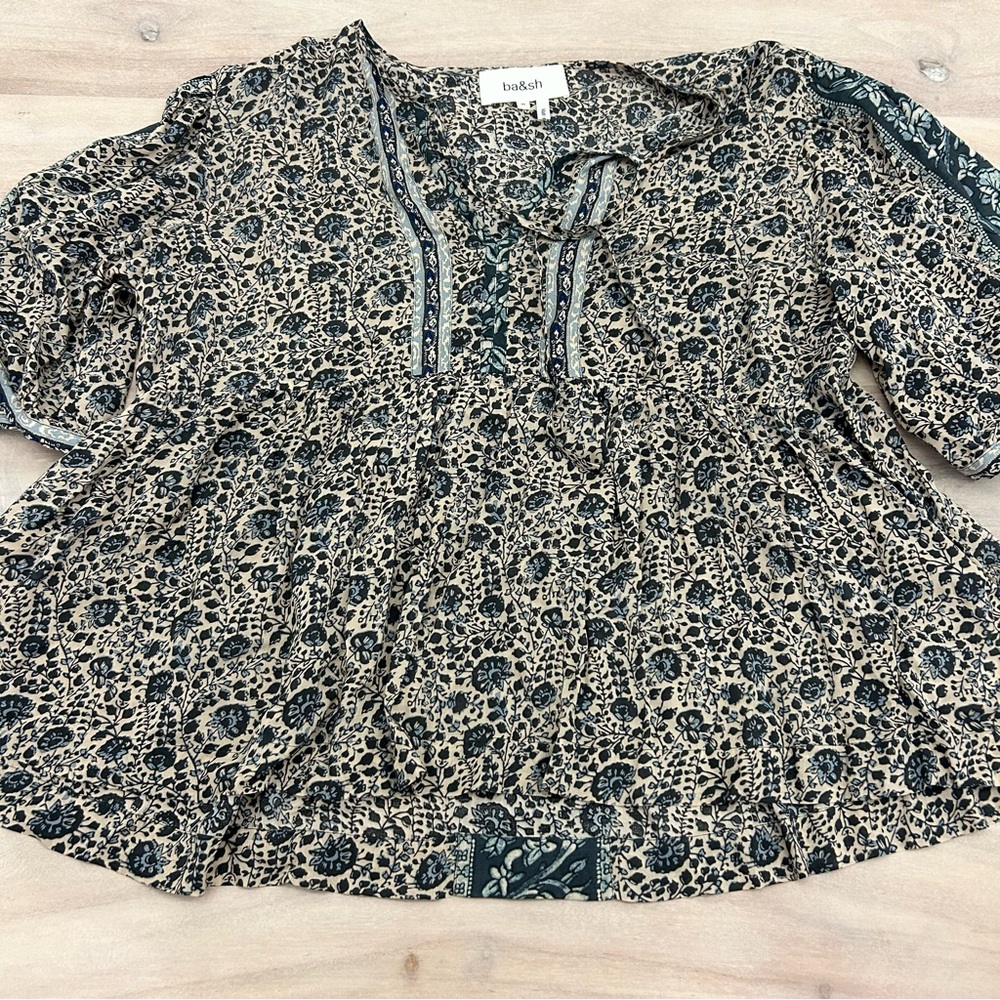 ba&sh Beige and Dark Green Floral Peasant Blouse